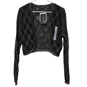 Jeanne Pierre XL Black Metallic Cropped Y2K Style Shrug Cardigan Knit Glam Boho